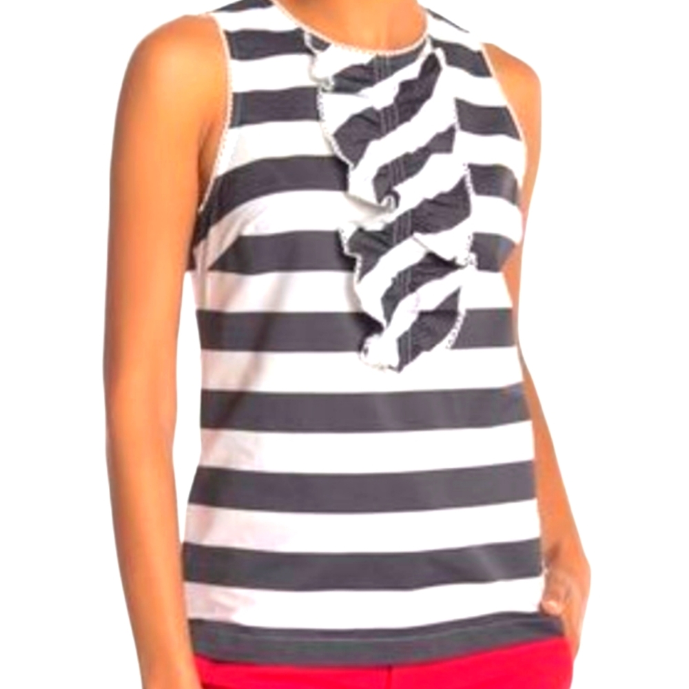 Trina Turk Evergreen Black and White Striped Ruffle Front Top Size Small
